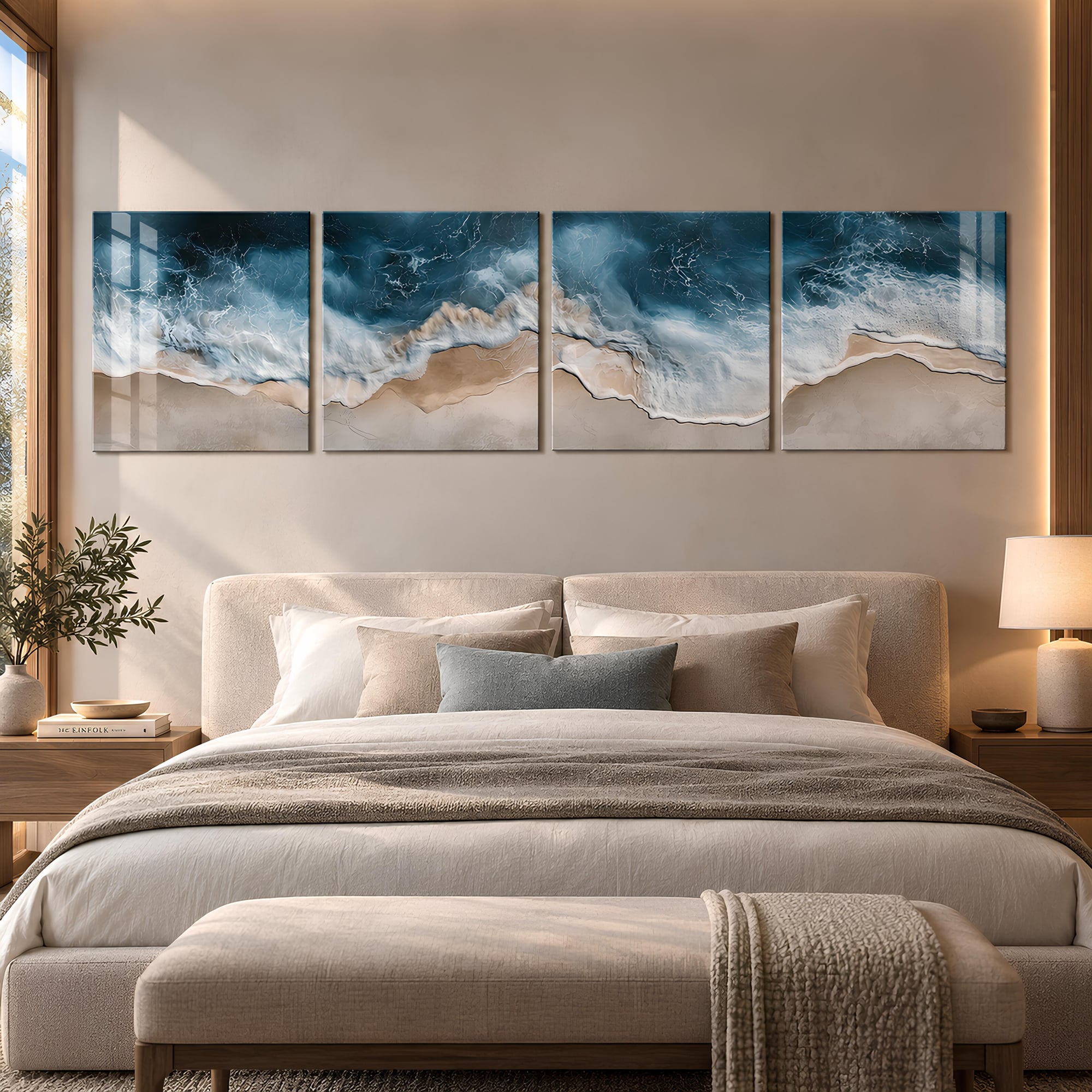 Ocean wave glass wall art above a cream boucle bed in a sunlit coastal-style bedroom